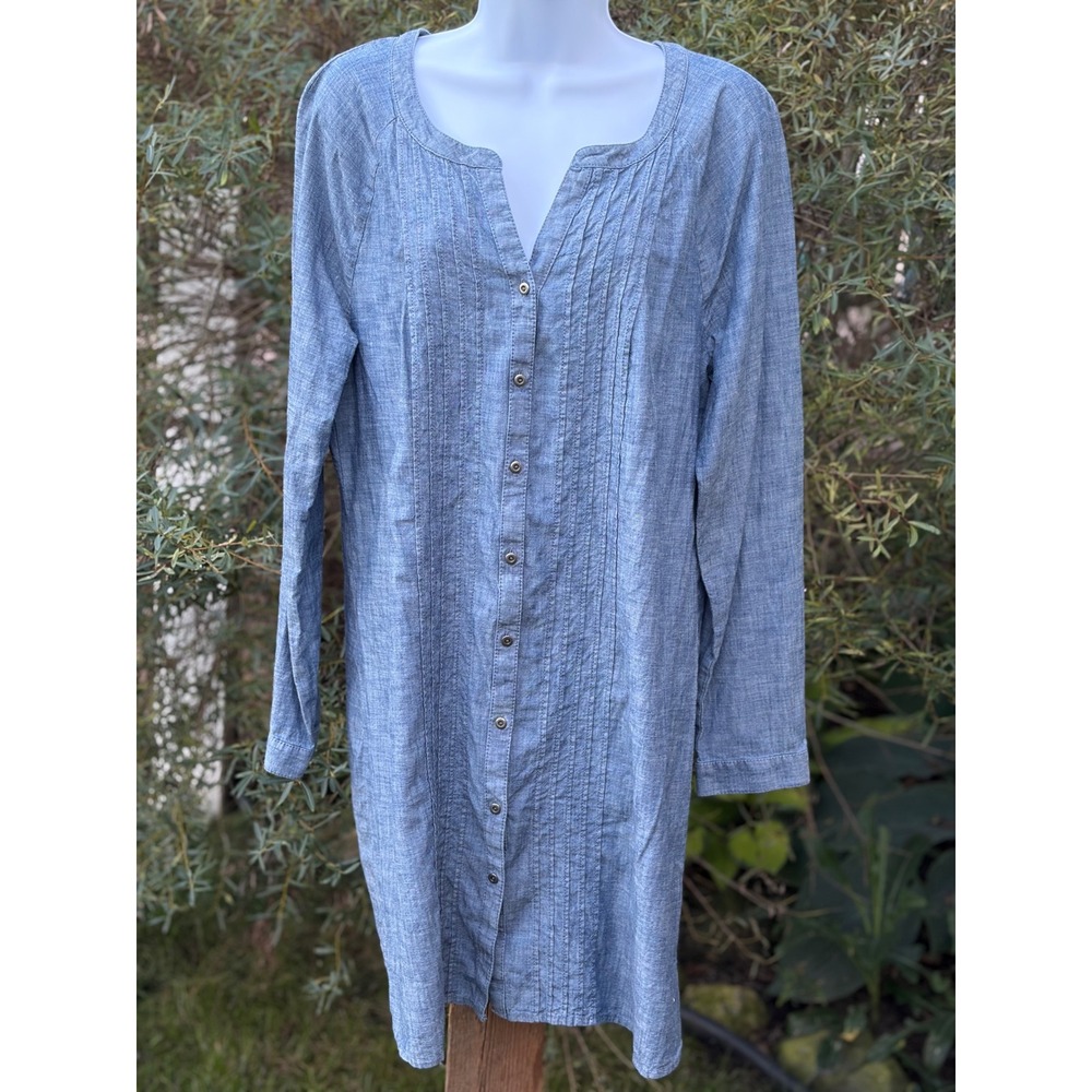 J. Jill Blue Cotton Chambray Pintuck Button Front Long Sleeve Shirt Dress M